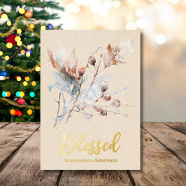 Tarjeta Festiva Con Relieve Metalizado Ramas y bayas elegantes de invierno Diseño Bendito