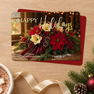 Tarjeta Festiva Con Relieve Metalizado Ramo de Poinsettia Personalizado Foto Oro