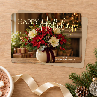 Tarjeta Festiva Con Relieve Metalizado Ramo de Poinsettia personalizado para las fiestas