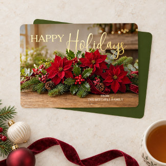 Tarjeta Festiva Con Relieve Metalizado Ramo de Poinsettia personalizado para las fiestas