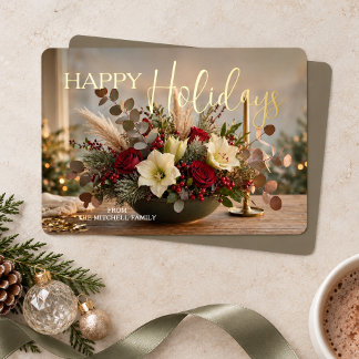 Tarjeta Festiva Con Relieve Metalizado Ramo Floral de Vacaciones Personalizado Foto Oro