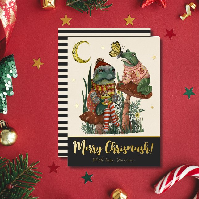 Tarjeta Festiva Con Relieve Metalizado Rana y sapo de hongo negro gótico Feliz Navidad (Black and real gold foil Christmas flat card with a whimsical illustration of frogs on mushrooms)
