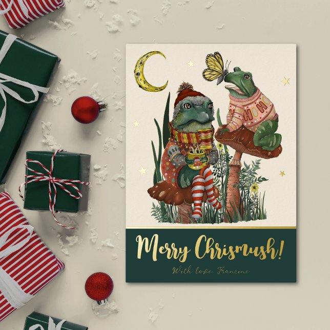 Tarjeta Festiva Con Relieve Metalizado Rana y Sapo de Hongo Verde Bonito Feliz Navidad  (Green and real gold foil Christmas flat card with a whimsical illustration of frogs on mushrooms)