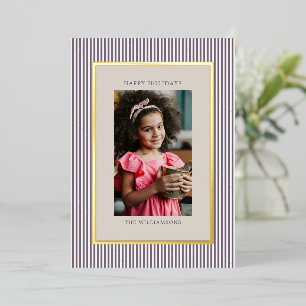 Tarjeta Festiva Con Relieve Metalizado Rayas de ciruela Navidad Foto familiar Elegante Or