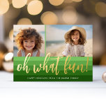 Tarjeta Festiva Con Relieve Metalizado Rayas retro - Verde Oh Qué Divertido 2 Viaje de fo<br><div class="desc">Delante - Tonos de verde oliva y Navidades Verde en un patrón de rayas retro. Un estilo retro moderno para una tarjeta de fotos de vacaciones con un diseño diverso y divertido con el saludo "oh qué divertido" en Relieve metalizado. Añade 2 fotos y firma familiar a este divertido y...</div>