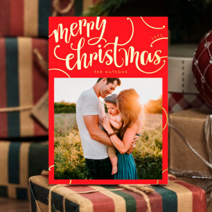 Tarjeta Festiva Con Relieve Metalizado Real Gold Merry Christmas Letter Swirl Photo