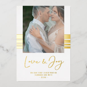Tarjeta Festiva Con Relieve Metalizado Real Gold Stripes Photo Newlyweds First Christmas