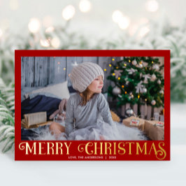 Tarjeta Festiva Con Relieve Metalizado Red and Gold Foil Modern Merry Christmas photo