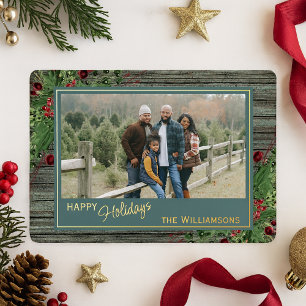 Tarjeta Festiva Con Relieve Metalizado Red Berries Green Holly Botanage Gold