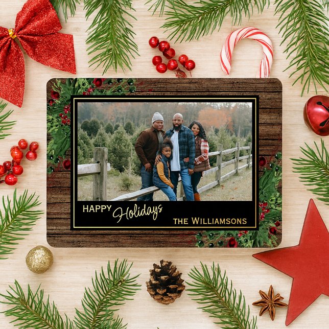 Tarjeta Festiva Con Relieve Metalizado Red Berries Green Holly Botanage Gold (Subido por el creador)