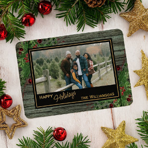 Tarjeta Festiva Con Relieve Metalizado Red Berries Green Holly Botanage Gold