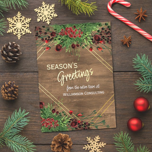 Tarjeta Festiva Con Relieve Metalizado Red Berries Green Holly Botanage Gold (Subido por el creador)