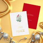 Tarjeta Festiva Con Relieve Metalizado Red Berries Mistletoe Joy Love Peace<br><div class="desc">Acuarela Pintada a mano Una elegante tarjeta de vacaciones para Navidades para personalizar con su mensaje especial de vacaciones.</div>