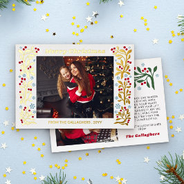 Tarjeta Festiva Con Relieve Metalizado Red Berry Twig Snowflakes Frame Merry Christmas