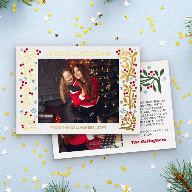 Tarjeta Festiva Con Relieve Metalizado Red Berry Twig Snowflakes Frame Merry Christmas (Subido por el creador)