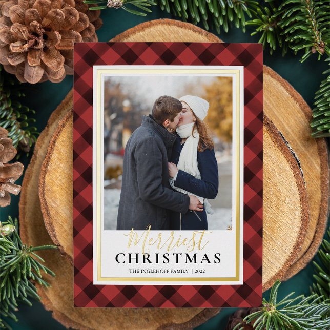 Tarjeta Festiva Con Relieve Metalizado Red Buffalo Plaid Merriest Christmas Photo (Subido por el creador)