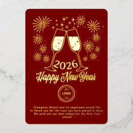 Tarjeta Festiva Con Relieve Metalizado Red Business New Year 2026 Champagne Gold