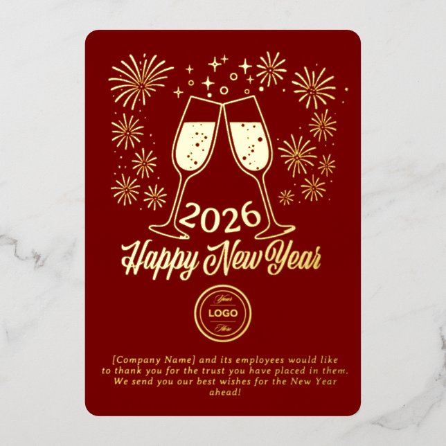 Tarjeta Festiva Con Relieve Metalizado Red Business New Year 2026 Champagne Gold (Anverso)