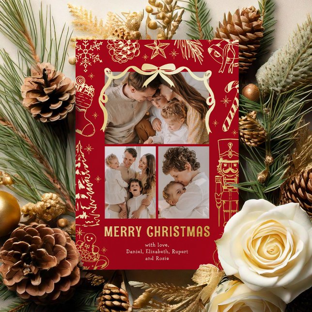 Tarjeta Festiva Con Relieve Metalizado Red Doodle 3 Photo Christmas Gold (Subido por el creador)