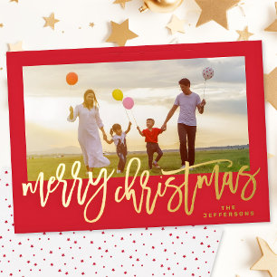 Tarjeta Festiva Con Relieve Metalizado Red Frame & Gold Merry Christmas Photo