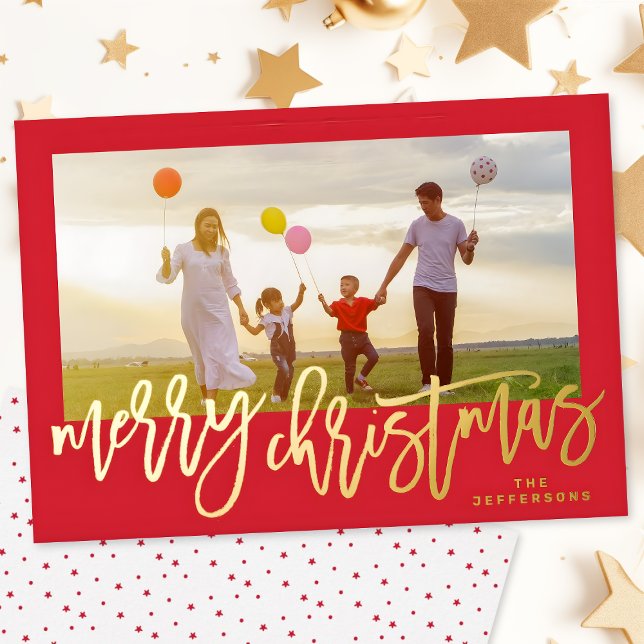 Tarjeta Festiva Con Relieve Metalizado Red Frame & Gold Merry Christmas Photo (Subido por el creador)