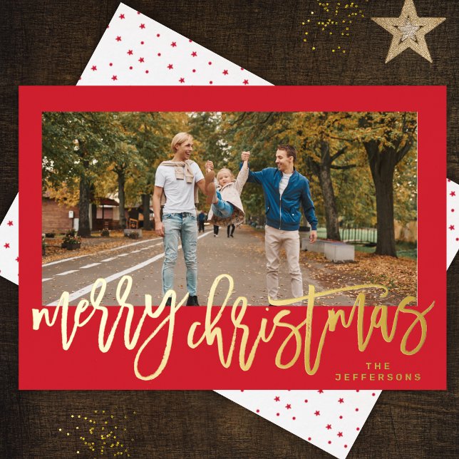 Tarjeta Festiva Con Relieve Metalizado Red Frame & Gold Merry Christmas Photo (Merry Christmas Handwritten and text in REAL FOIL - photo front and starry backer or another photo)