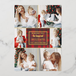Tarjeta Festiva Con Relieve Metalizado Red Gold Plaid 6 Fotos Collage Navidades