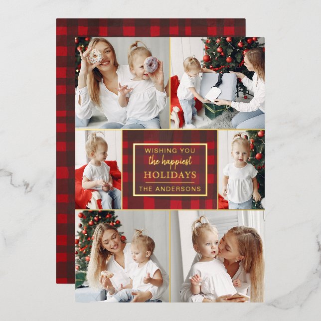 Tarjeta Festiva Con Relieve Metalizado Red Gold Plaid 6 Fotos Collage Navidades (Anverso/Reverso)