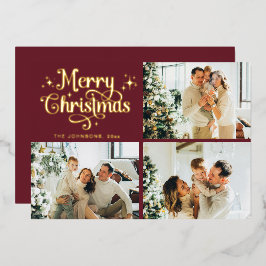 Tarjeta Festiva Con Relieve Metalizado Red & Gold Retro Christmas Family Photo Collage