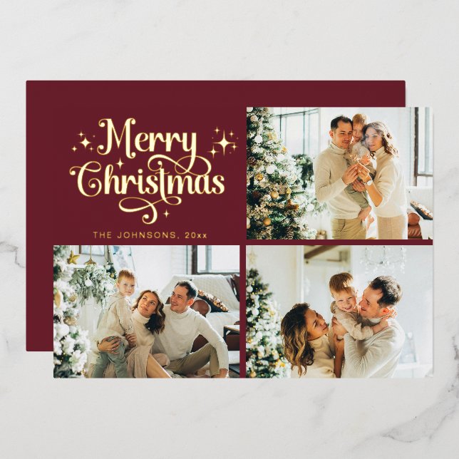 Tarjeta Festiva Con Relieve Metalizado Red & Gold Retro Christmas Family Photo Collage (Anverso/Reverso)
