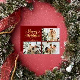 Tarjeta Festiva Con Relieve Metalizado Red & Gold Retro Christmas Family Photo Collage
