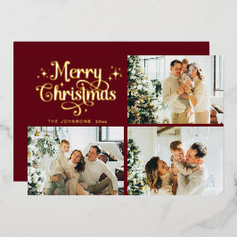 Tarjeta Festiva Con Relieve Metalizado Red & Gold Retro Christmas Family Photo Collage