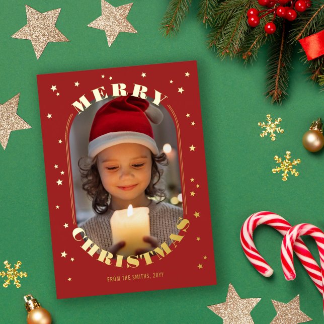 Tarjeta Festiva Con Relieve Metalizado Red Gold Stars Oblong Photo Merry Christmas (Subido por el creador)