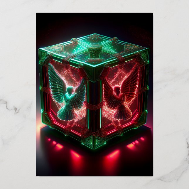 Tarjeta Festiva Con Relieve Metalizado Red & Green Angels Watch Over Metallic Light Box (Anverso)