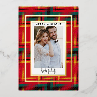 Tarjeta Festiva Con Relieve Metalizado Red + Green Plaid 1 Photo Navidades Real