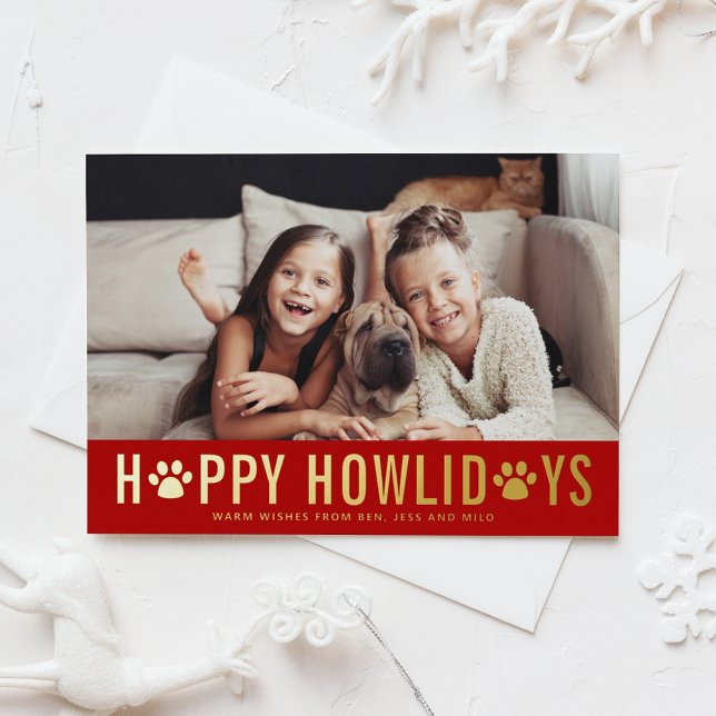 Tarjeta Festiva Con Relieve Metalizado Red Happy Howlidays Modern Typography Dog Photo (Subido por el creador)