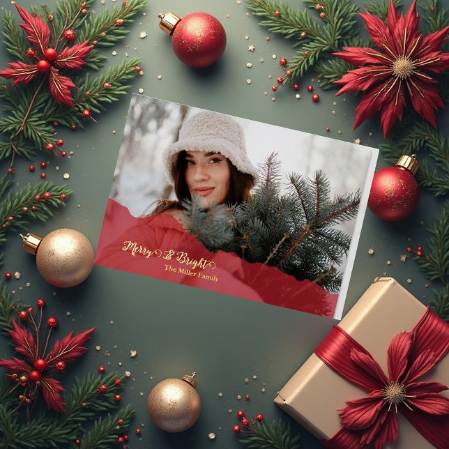 Tarjeta Festiva Con Relieve Metalizado red Merry & Bright Christmas family Photo gold (Subido por el creador)