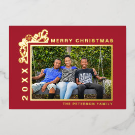 Tarjeta Festiva Con Relieve Metalizado Red Merry Christmas Photo Gold