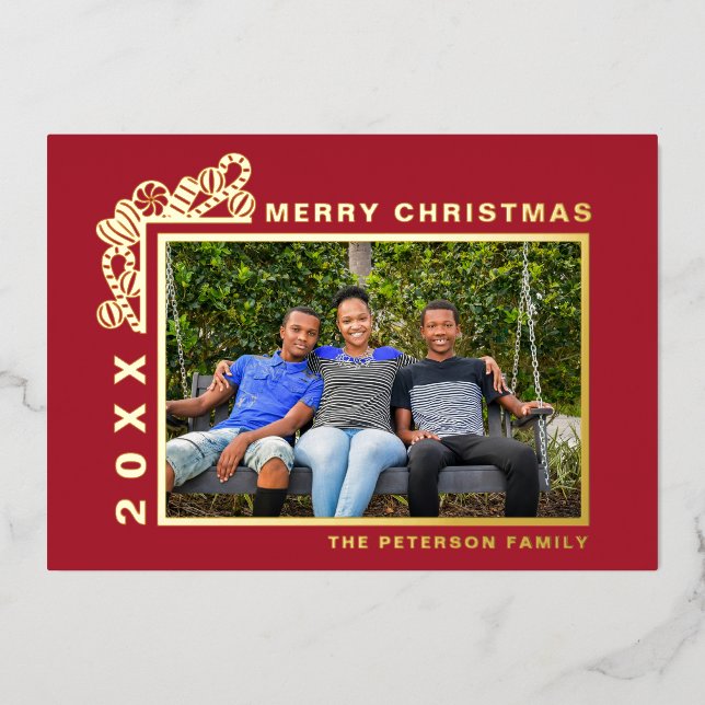 Tarjeta Festiva Con Relieve Metalizado Red Merry Christmas Photo Gold (Anverso)