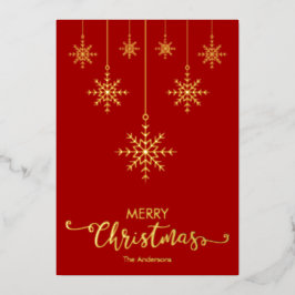 Tarjeta Festiva Con Relieve Metalizado Red Merry Christmas Snflakes Gold