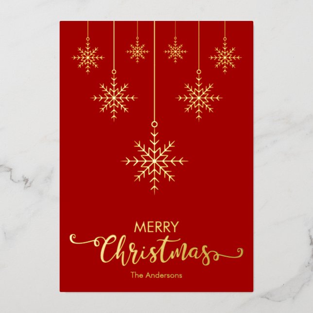 Tarjeta Festiva Con Relieve Metalizado Red Merry Christmas Snflakes Gold (Anverso)