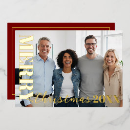 Tarjeta Festiva Con Relieve Metalizado Red Modern Merry Christmas Company Logo Photo Gold