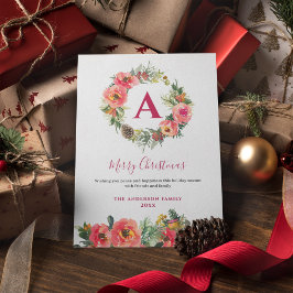 Tarjeta Festiva Con Relieve Metalizado Red Monogram Pink Botanical Wreath Christmas Card
