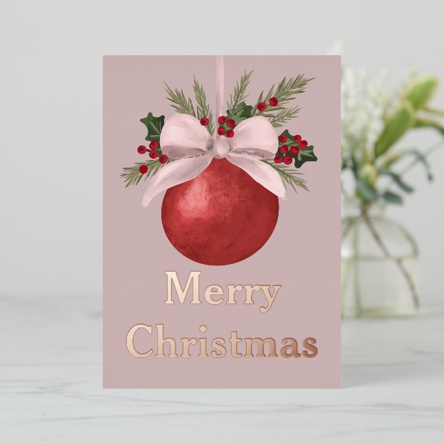 Tarjeta Festiva Con Relieve Metalizado Red Ornament Christmas  (Anverso de pie)