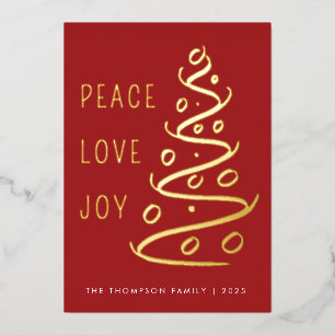 Tarjeta Festiva Con Relieve Metalizado Red Peace Love Joy Tree Holiday Gold