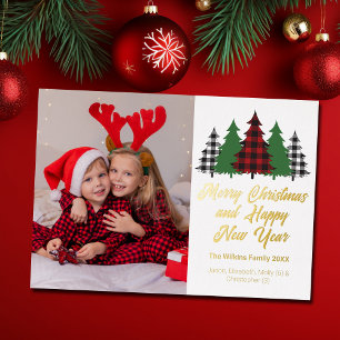 Tarjeta Festiva Con Relieve Metalizado Red Plaid Christmas Trees Family Photo Gold