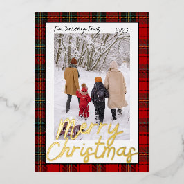 Tarjeta Festiva Con Relieve Metalizado Red Plaid Merry Christmas Photo
