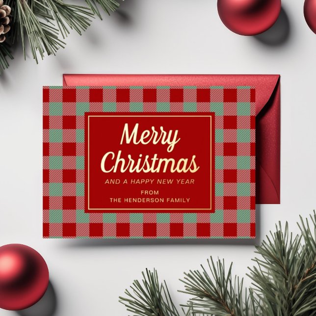 Tarjeta Festiva Con Relieve Metalizado Red Plaid Navidades Gold (Red Plaid Christmas Gold Foil Holiday Card)