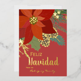 Tarjeta Festiva Con Relieve Metalizado Red Poinsettia Feliz Navidad Gold