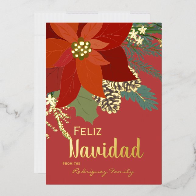 Tarjeta Festiva Con Relieve Metalizado Red Poinsettia Feliz Navidad Gold (Sobre)